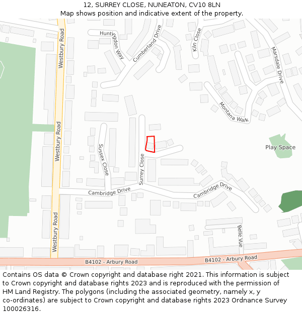 12, SURREY CLOSE, NUNEATON, CV10 8LN: Location map and indicative extent of plot