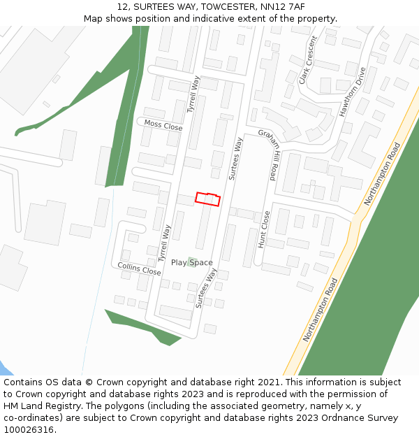 12, SURTEES WAY, TOWCESTER, NN12 7AF: Location map and indicative extent of plot