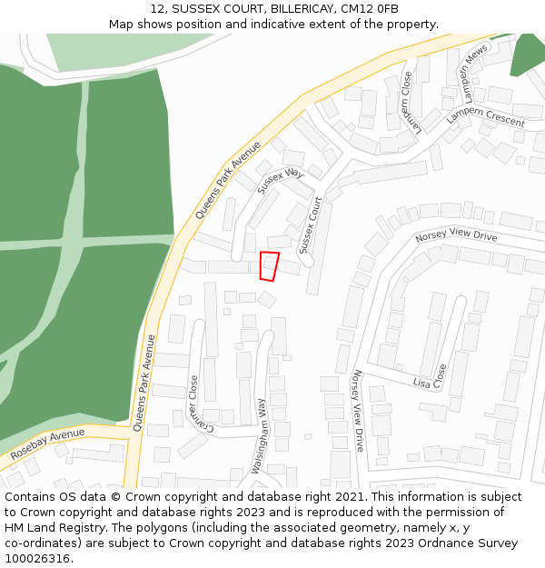 12, SUSSEX COURT, BILLERICAY, CM12 0FB: Location map and indicative extent of plot
