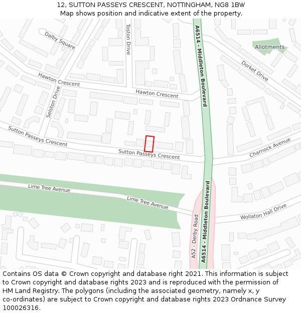 12, SUTTON PASSEYS CRESCENT, NOTTINGHAM, NG8 1BW: Location map and indicative extent of plot