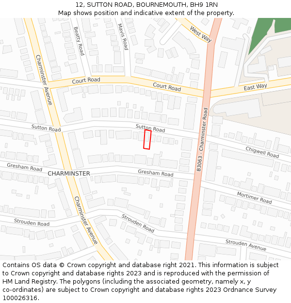 12, SUTTON ROAD, BOURNEMOUTH, BH9 1RN: Location map and indicative extent of plot