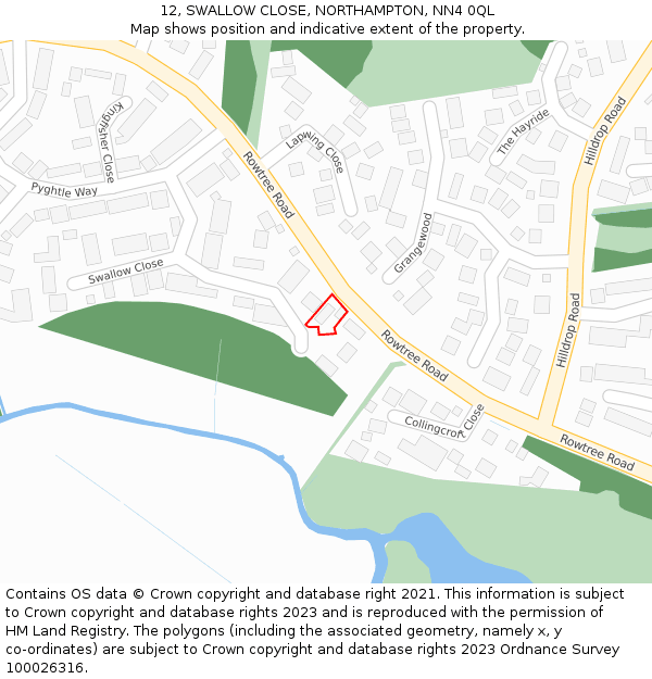 12, SWALLOW CLOSE, NORTHAMPTON, NN4 0QL: Location map and indicative extent of plot