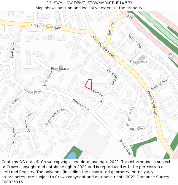 12, SWALLOW DRIVE, STOWMARKET, IP14 5BY: Location map and indicative extent of plot