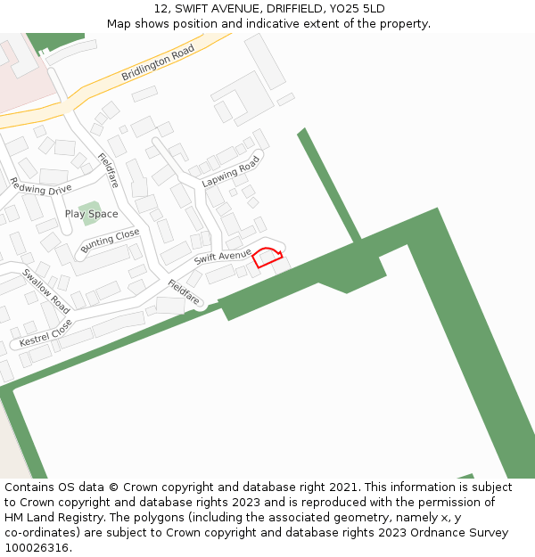 12, SWIFT AVENUE, DRIFFIELD, YO25 5LD: Location map and indicative extent of plot