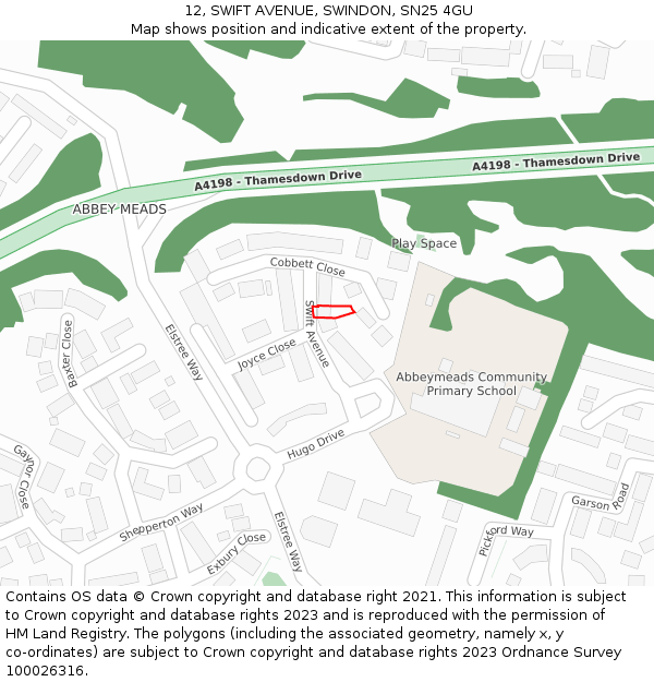 12, SWIFT AVENUE, SWINDON, SN25 4GU: Location map and indicative extent of plot