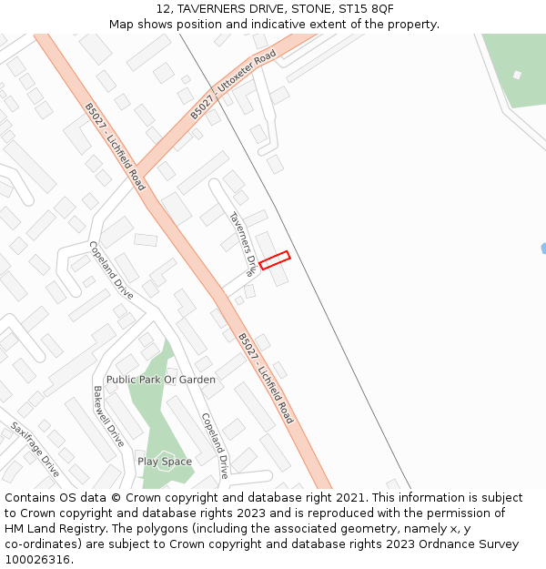 12, TAVERNERS DRIVE, STONE, ST15 8QF: Location map and indicative extent of plot