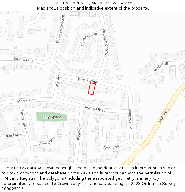 12, TEME AVENUE, MALVERN, WR14 2XA: Location map and indicative extent of plot