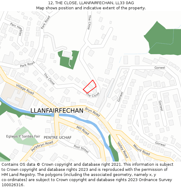 12, THE CLOSE, LLANFAIRFECHAN, LL33 0AG: Location map and indicative extent of plot