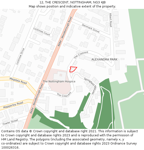 12, THE CRESCENT, NOTTINGHAM, NG3 4JB: Location map and indicative extent of plot