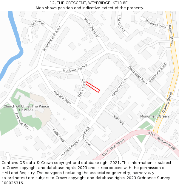 12, THE CRESCENT, WEYBRIDGE, KT13 8EL: Location map and indicative extent of plot