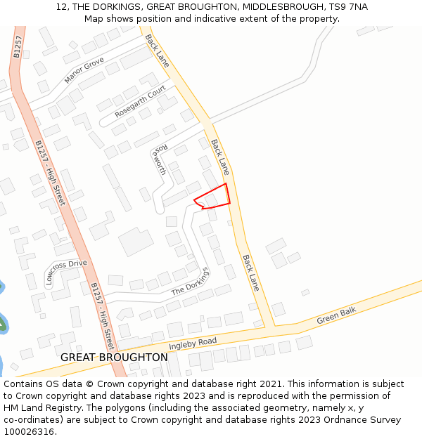 12, THE DORKINGS, GREAT BROUGHTON, MIDDLESBROUGH, TS9 7NA: Location map and indicative extent of plot