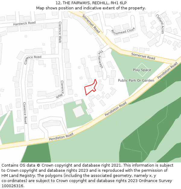12, THE FAIRWAYS, REDHILL, RH1 6LP: Location map and indicative extent of plot