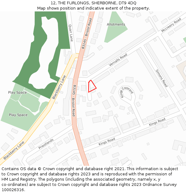 12, THE FURLONGS, SHERBORNE, DT9 4DQ: Location map and indicative extent of plot