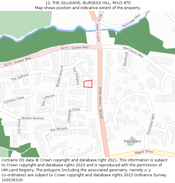 12, THE GILLIGANS, BURGESS HILL, RH15 8TD: Location map and indicative extent of plot