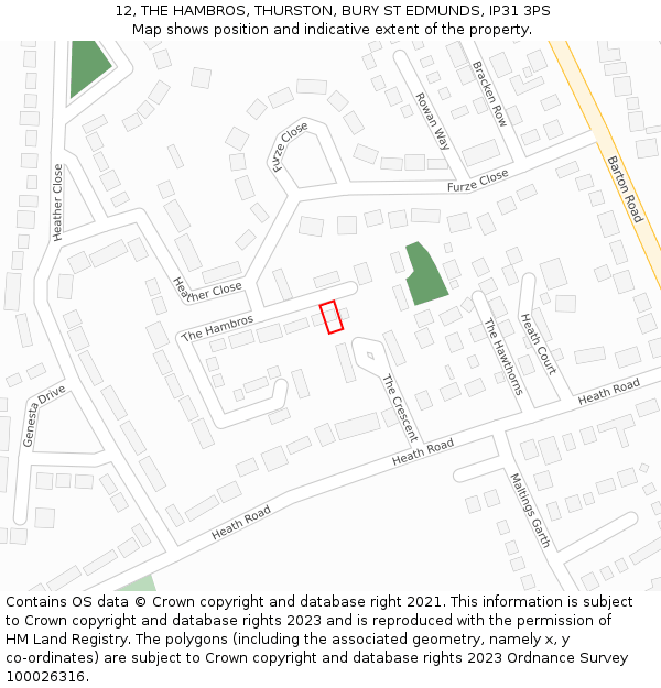 12, THE HAMBROS, THURSTON, BURY ST EDMUNDS, IP31 3PS: Location map and indicative extent of plot