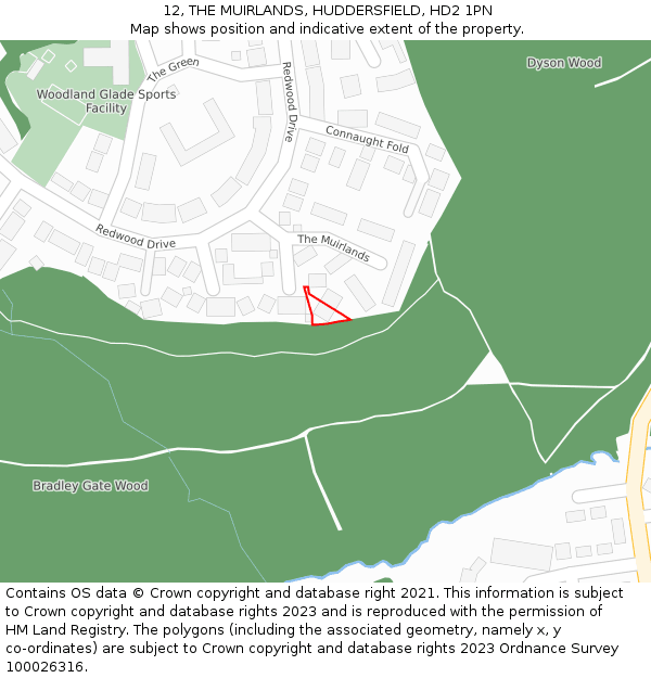 12, THE MUIRLANDS, HUDDERSFIELD, HD2 1PN: Location map and indicative extent of plot