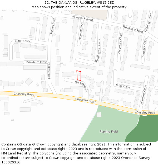 12, THE OAKLANDS, RUGELEY, WS15 2SD: Location map and indicative extent of plot