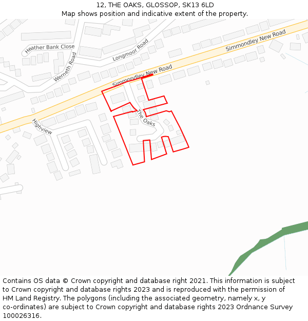 12, THE OAKS, GLOSSOP, SK13 6LD: Location map and indicative extent of plot