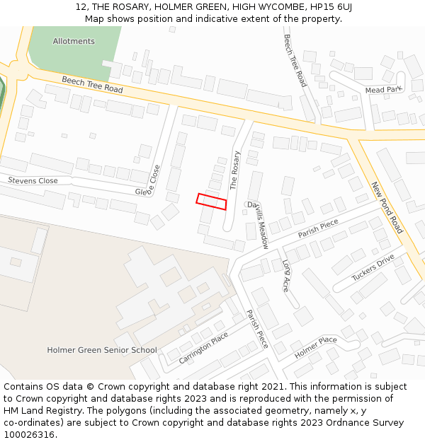 12, THE ROSARY, HOLMER GREEN, HIGH WYCOMBE, HP15 6UJ: Location map and indicative extent of plot