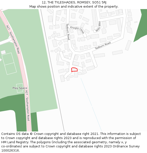 12, THE TYLESHADES, ROMSEY, SO51 5RJ: Location map and indicative extent of plot