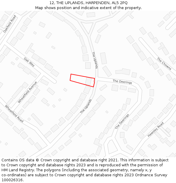 12, THE UPLANDS, HARPENDEN, AL5 2PQ: Location map and indicative extent of plot