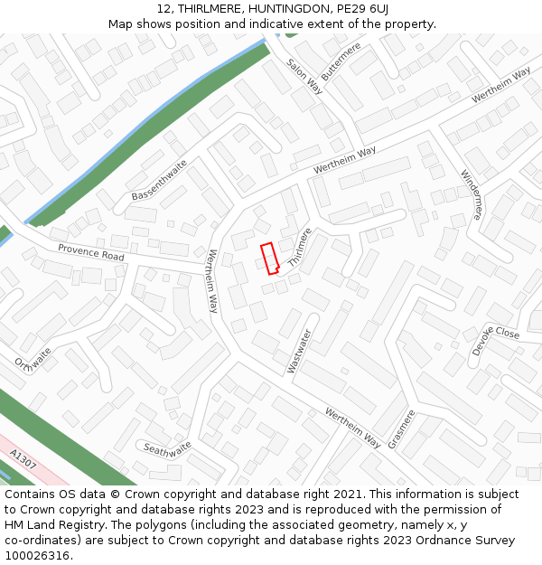 12, THIRLMERE, HUNTINGDON, PE29 6UJ: Location map and indicative extent of plot