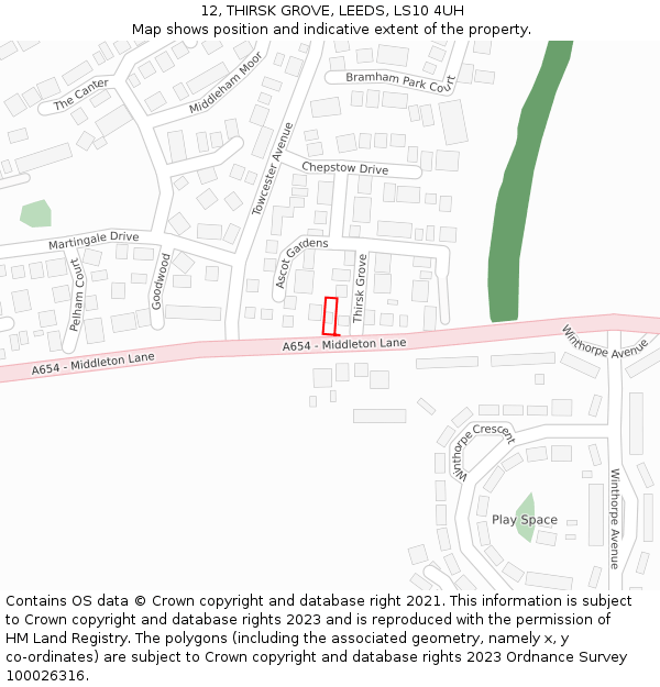 12, THIRSK GROVE, LEEDS, LS10 4UH: Location map and indicative extent of plot