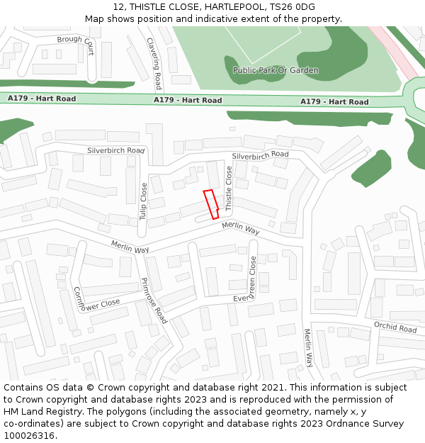 12, THISTLE CLOSE, HARTLEPOOL, TS26 0DG: Location map and indicative extent of plot