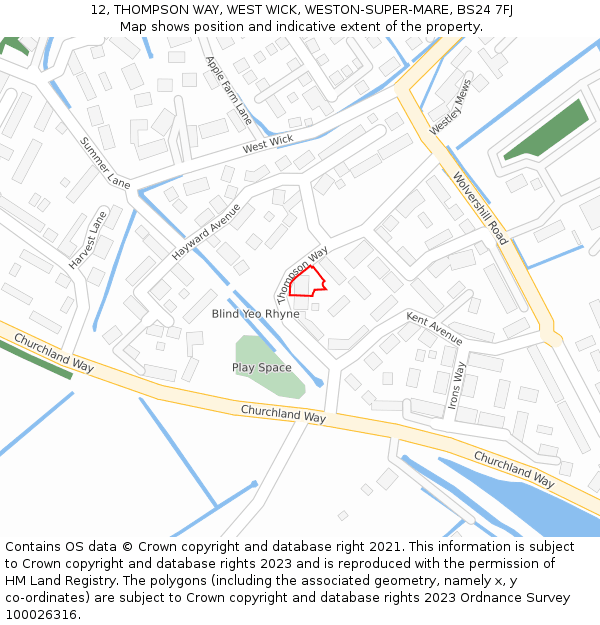 12, THOMPSON WAY, WEST WICK, WESTON-SUPER-MARE, BS24 7FJ: Location map and indicative extent of plot