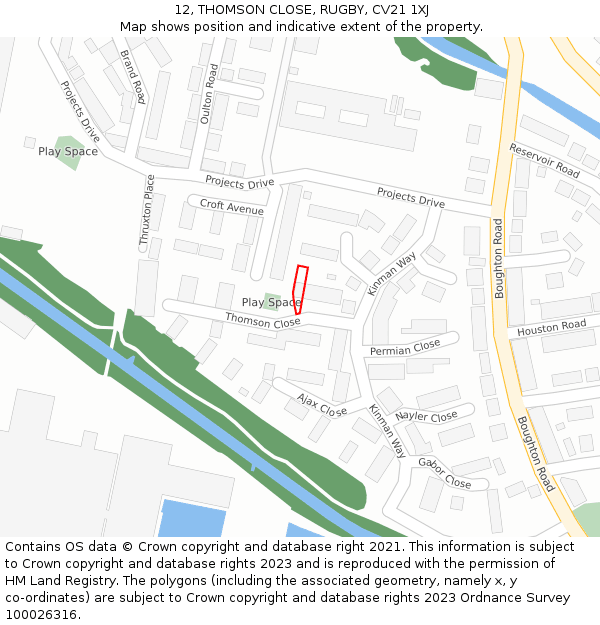 12, THOMSON CLOSE, RUGBY, CV21 1XJ: Location map and indicative extent of plot