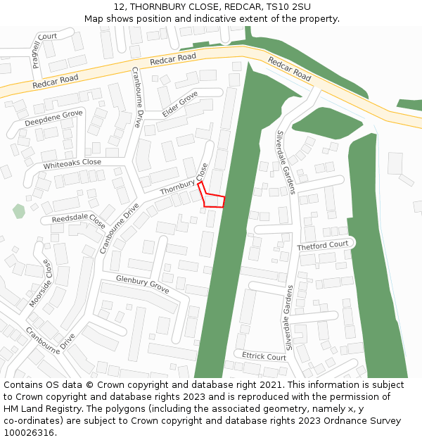 12, THORNBURY CLOSE, REDCAR, TS10 2SU: Location map and indicative extent of plot