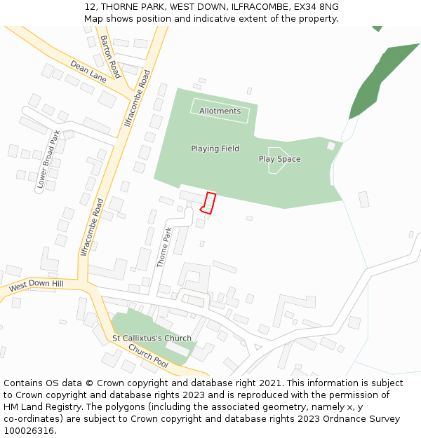 12, THORNE PARK, WEST DOWN, ILFRACOMBE, EX34 8NG: Location map and indicative extent of plot