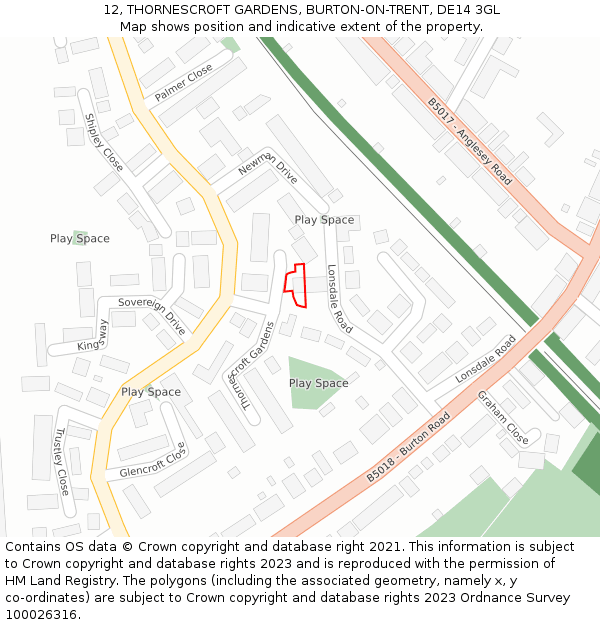 12, THORNESCROFT GARDENS, BURTON-ON-TRENT, DE14 3GL: Location map and indicative extent of plot