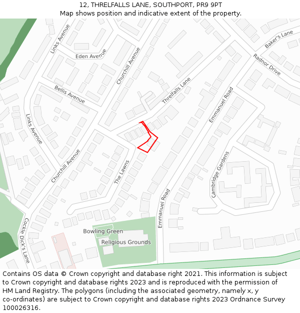 12, THRELFALLS LANE, SOUTHPORT, PR9 9PT: Location map and indicative extent of plot
