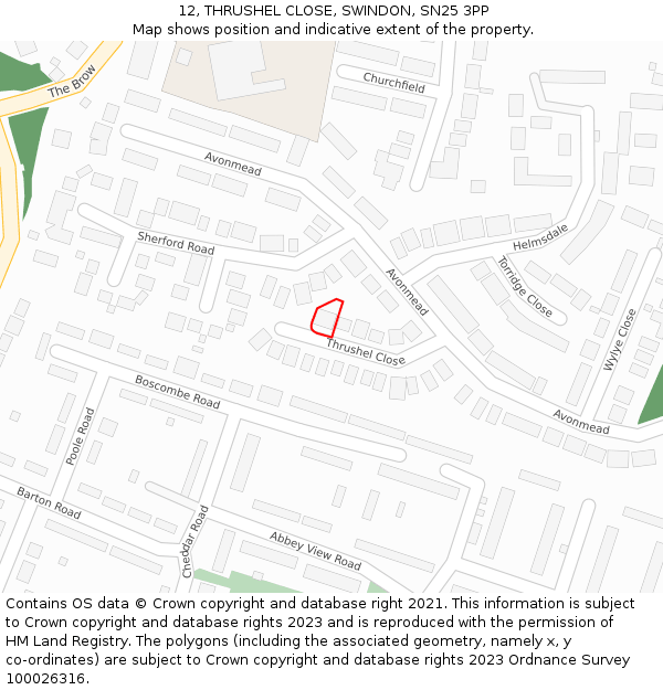 12, THRUSHEL CLOSE, SWINDON, SN25 3PP: Location map and indicative extent of plot