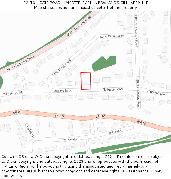 12, TOLLGATE ROAD, HAMSTERLEY MILL, ROWLANDS GILL, NE39 1HF: Location map and indicative extent of plot