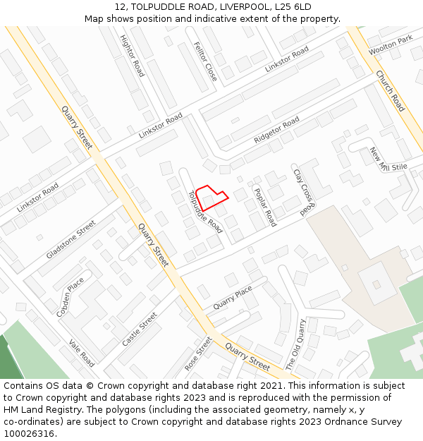 12, TOLPUDDLE ROAD, LIVERPOOL, L25 6LD: Location map and indicative extent of plot