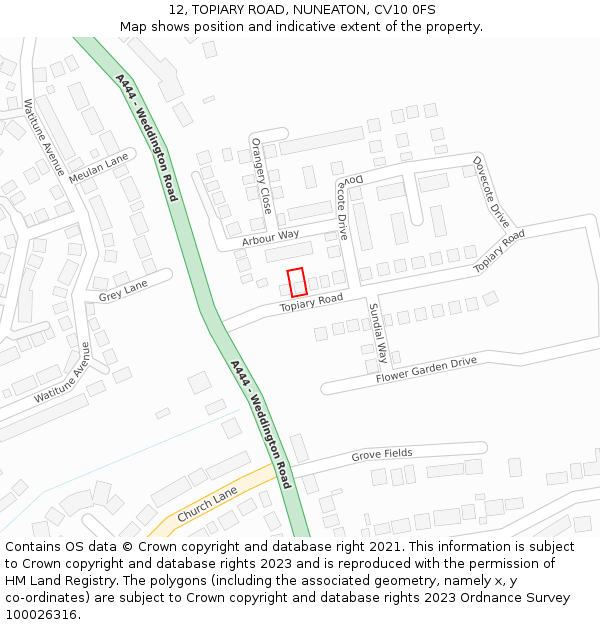 12, TOPIARY ROAD, NUNEATON, CV10 0FS: Location map and indicative extent of plot