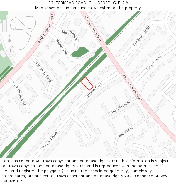 12, TORMEAD ROAD, GUILDFORD, GU1 2JA: Location map and indicative extent of plot