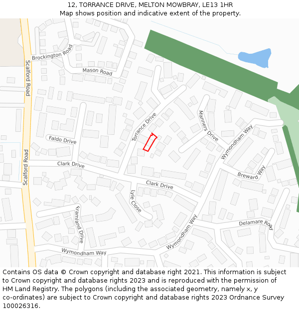 12, TORRANCE DRIVE, MELTON MOWBRAY, LE13 1HR: Location map and indicative extent of plot