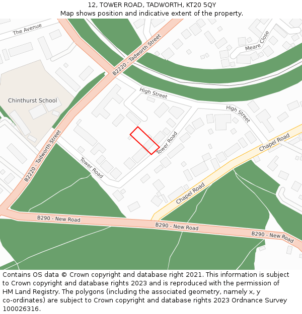 12, TOWER ROAD, TADWORTH, KT20 5QY: Location map and indicative extent of plot