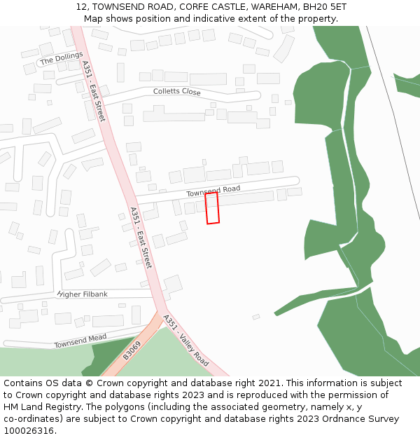 12, TOWNSEND ROAD, CORFE CASTLE, WAREHAM, BH20 5ET: Location map and indicative extent of plot