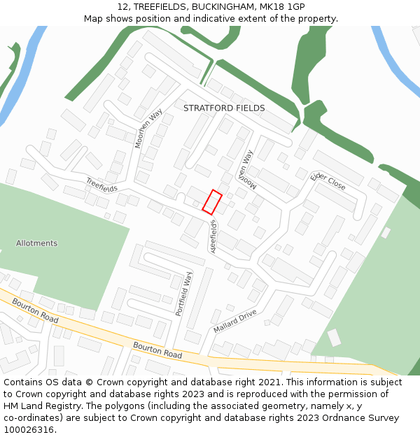 12, TREEFIELDS, BUCKINGHAM, MK18 1GP: Location map and indicative extent of plot