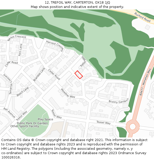 12, TREFOIL WAY, CARTERTON, OX18 1JQ: Location map and indicative extent of plot