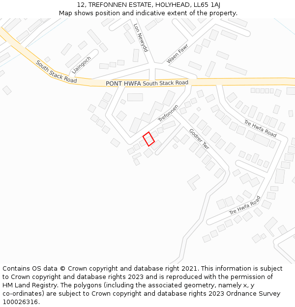 12, TREFONNEN ESTATE, HOLYHEAD, LL65 1AJ: Location map and indicative extent of plot