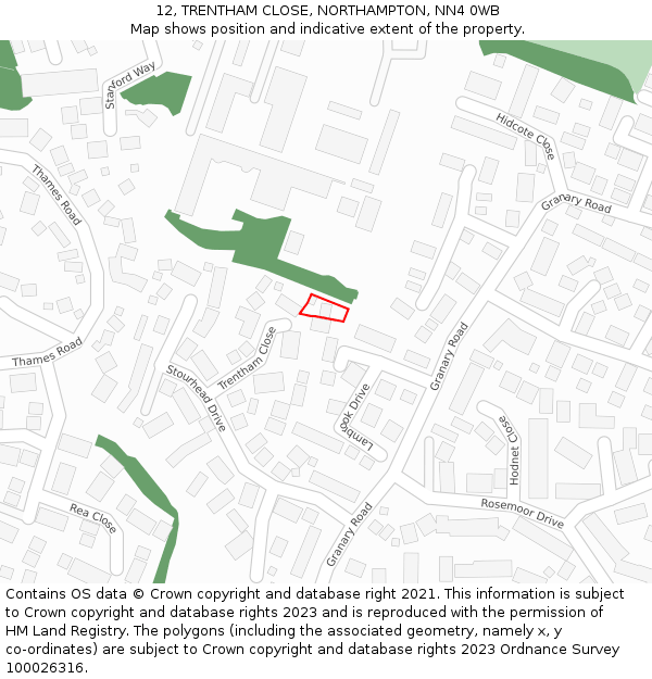 12, TRENTHAM CLOSE, NORTHAMPTON, NN4 0WB: Location map and indicative extent of plot