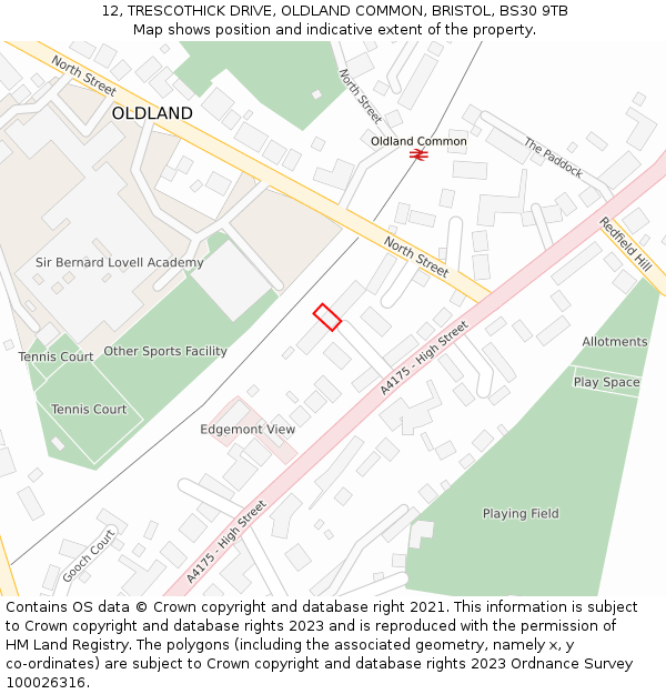 12, TRESCOTHICK DRIVE, OLDLAND COMMON, BRISTOL, BS30 9TB: Location map and indicative extent of plot