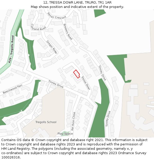 12, TRESSA DOWR LANE, TRURO, TR1 1AR: Location map and indicative extent of plot