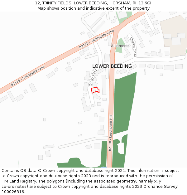 12, TRINITY FIELDS, LOWER BEEDING, HORSHAM, RH13 6GH: Location map and indicative extent of plot