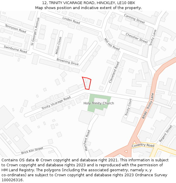 12, TRINITY VICARAGE ROAD, HINCKLEY, LE10 0BX: Location map and indicative extent of plot